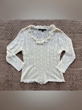 Marc Jacobs 100% Wool Open Knit Sweater Cream Womens Size 2 Fringe Trim